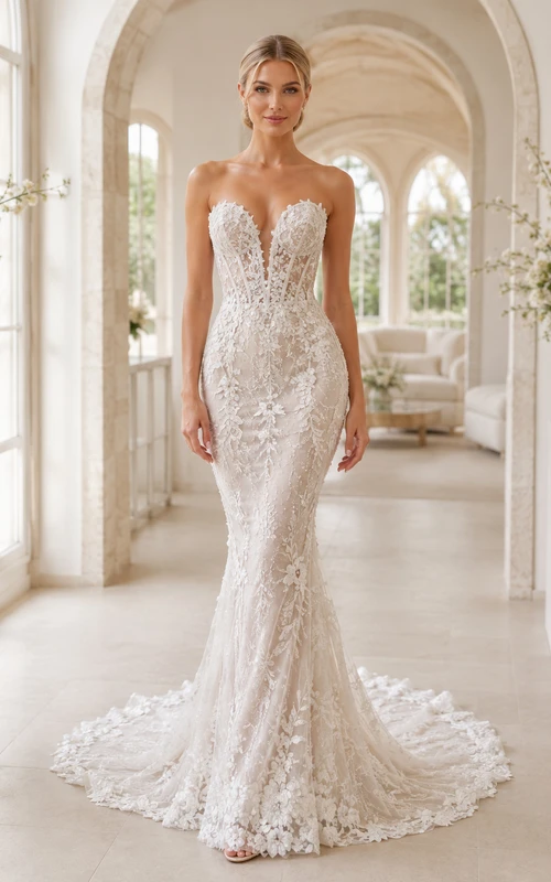 Robe de mariée champêtre classique en dentelle, bustier cœur, sirène, traîne chapelle, applications florales