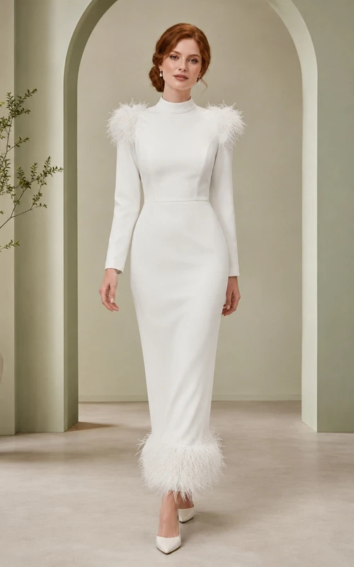 Elegant White Jersey Sheath Floor-Length High Neck Long Sleeve Feathered Dress
