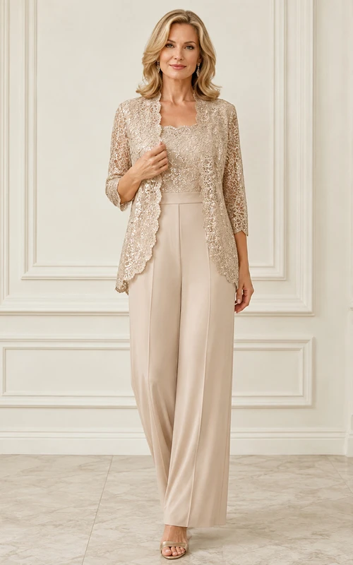 Conjunto de pantalón y chaqueta Champagne Mother con chaqueta larga de encaje, corpiño escotado y pantalón de pierna ancha.