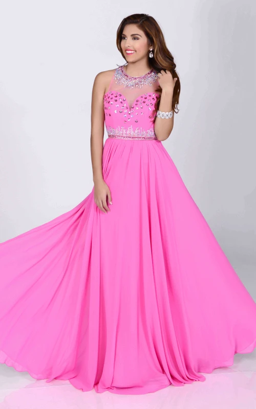 Paillettenbesetztes Chiffon-Abendkleid mit Strassbesatz am Hals, A-Linien-Schnitt und ärmellos