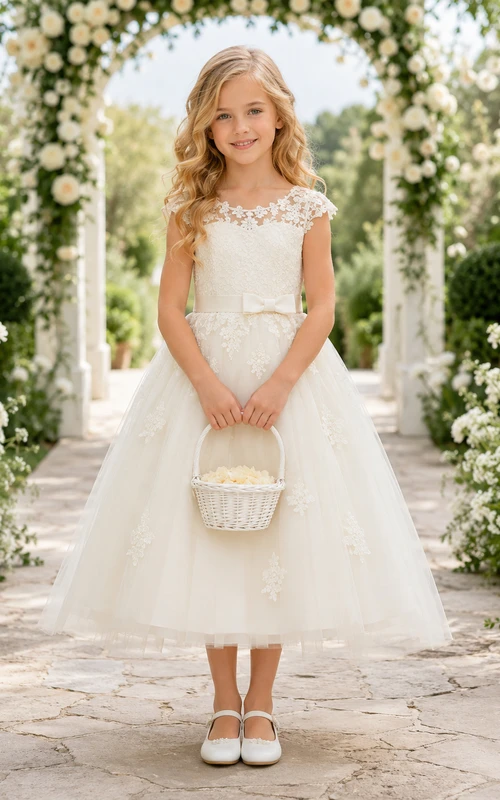 Vestido de niña de flores color marfil, romántico, largo hasta la rodilla, corte en A, mangas cortas con efecto ilusión, apliques de encaje, tul y lazo con botones.