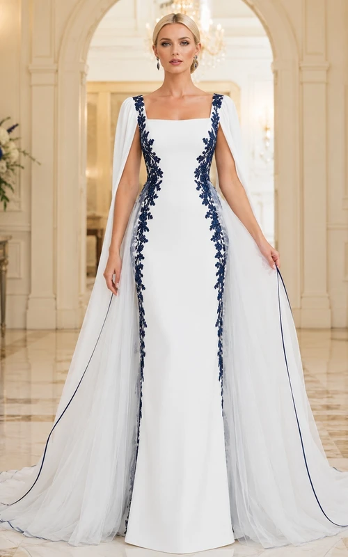 Marineblaues Cape-Etui-Brautkleid mit eckigem Ausschnitt, ärmellos, aus Satin und Spitze, modernes Braut