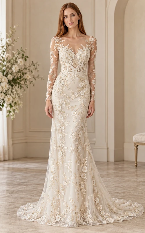 Long Sleeve Bateau Neck Floral Lace Fitted Train Wedding Dress