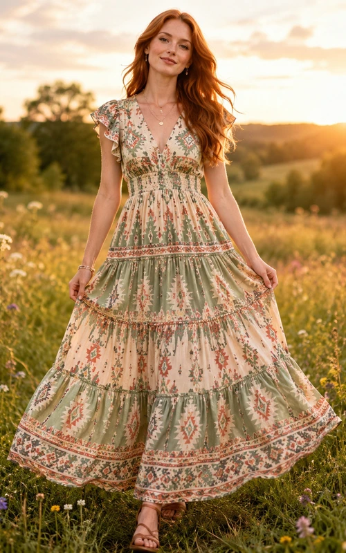 Robe longue trapèze à volants, col en V et manches courtes, style aztèque, couleur sauge
