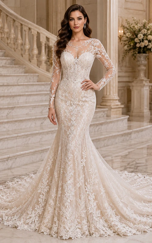 Robe de mariée sirène en dentelle immaculée, col V, manches longues, traîne chapelle, applications florales, style jardin