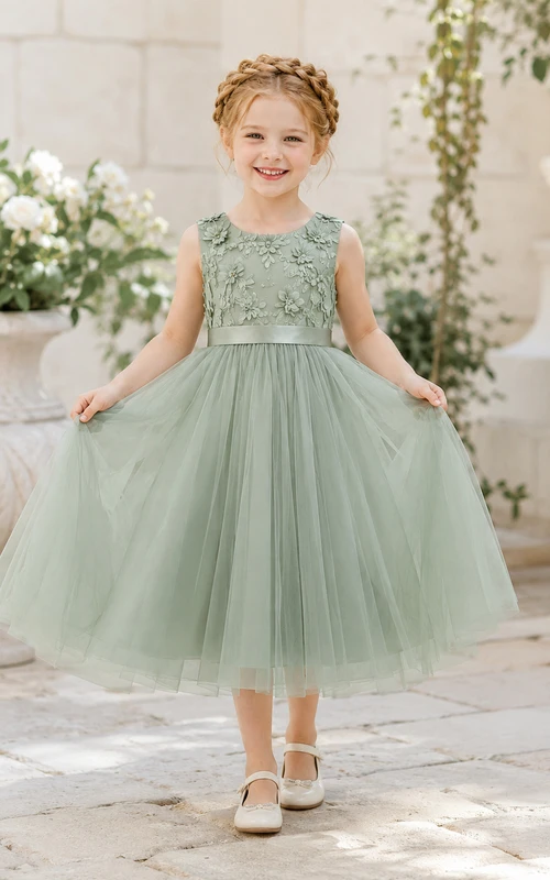 Robe de demoiselle d'honneur Sage Lace sans manches en tulle, coupe trapèze, longueur thé, boutonnée au dos