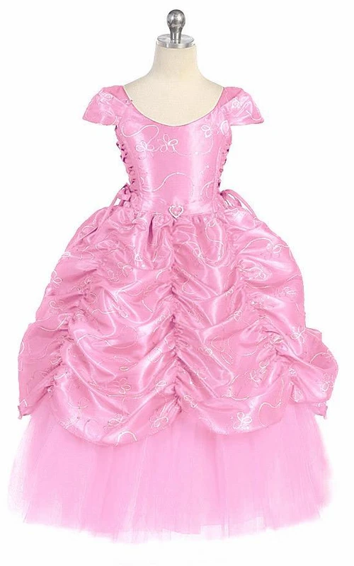 Ankle-Length Embroideried Tiered Lace&Taffeta Flower Girl Dress With Broach