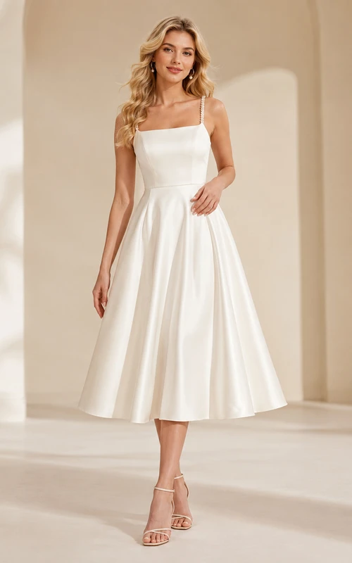 Robe de passage à l'âge adulte en satin blanc nacré à fines bretelles et longueur thé