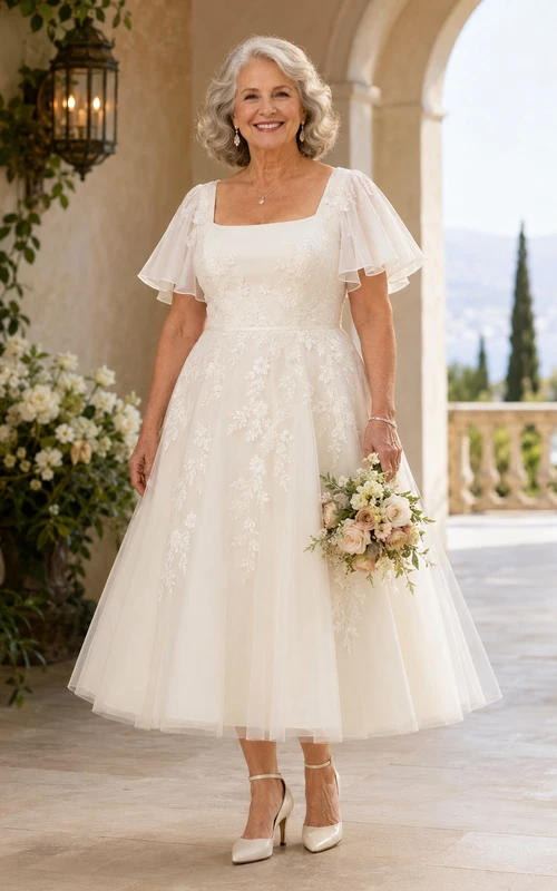 Vestido de novia de tul de talla grande con escote cuadrado y largo hasta la rodilla para novias mayores