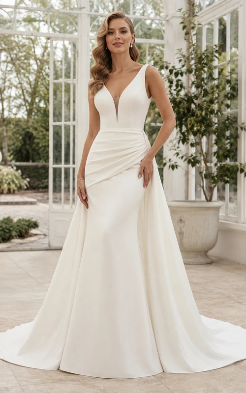 Elegant Plunging V-Neck Sleeveless Ruched Satin A-Line Chapel Train Wedding Dress