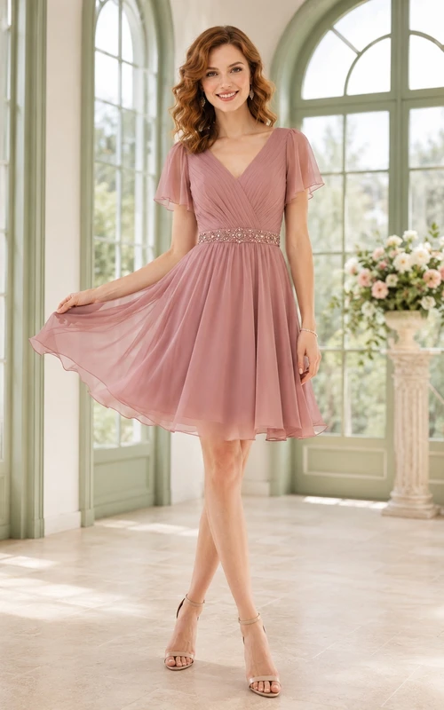Vintage mauvefarbenes, knielanges Chiffon-Kleid mit V-Ausschnitt, Kristallgürtel und kurzen Ärmeln in A-Linie für den Abschlussball