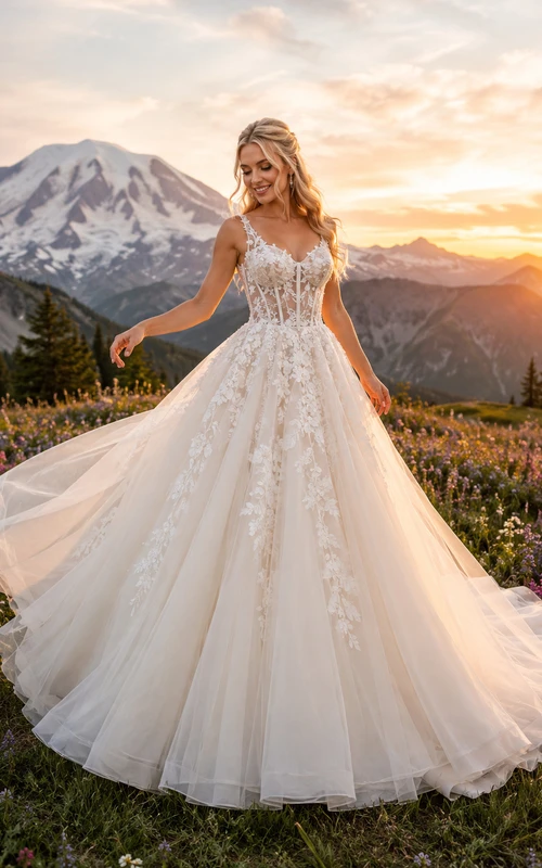 Robe de mariée coupe A, bretelles spaghetti, décolleté cœur, dentelle et tulle, traîne chapelle, style coucher de soleil