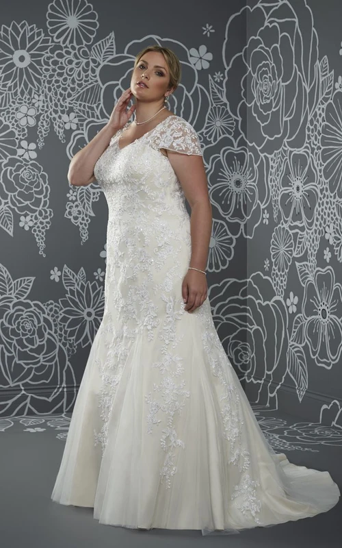 Robe sirène longue jusqu'au sol, col en V, traîne en dentelle, dos nu en V orné d'appliqués