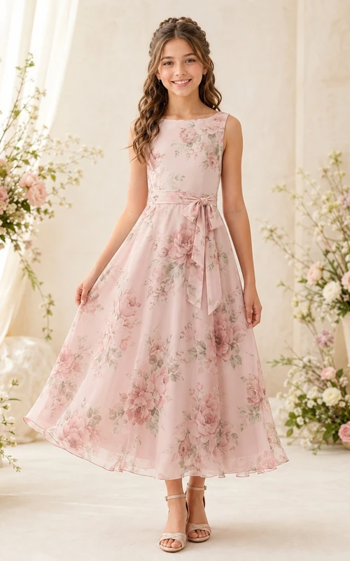 Rosafarbenes Brautjungfernkleid in A-Linie, ärmellos, wadenlang, aus Chiffon mit Blumenmuster, romantisch