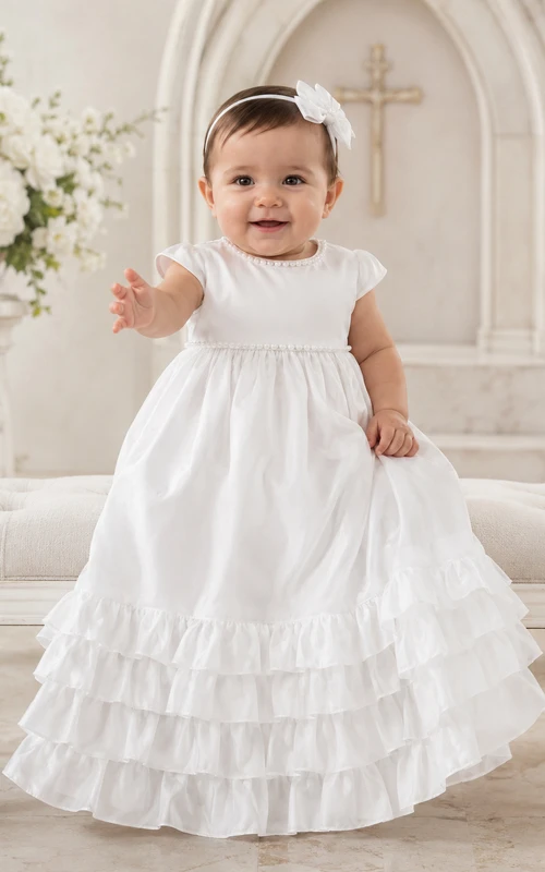 Tiered Ruffle Baby Christening A-Line Cap Sleeve Knee-Length Dress