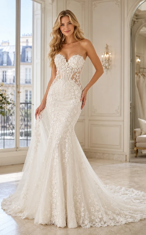 Trägerloses Brautkleid im Meerjungfrauenstil mit Herzausschnitt, botanischer Spitze und luxuriöser Kapellenschleppe