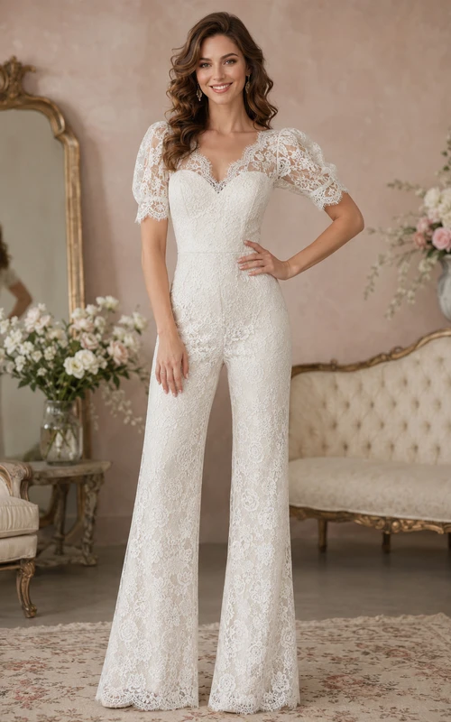 Vintage Allover Lace Bridal Jumpsuit Sweetheart Bodice Short Sleeves Flared Legs