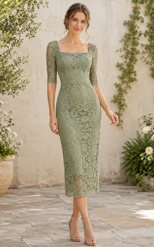 Vestido de noche romántico de manga larga, corte recto y largo hasta la rodilla, color verde salvia, con escote cuadrado.