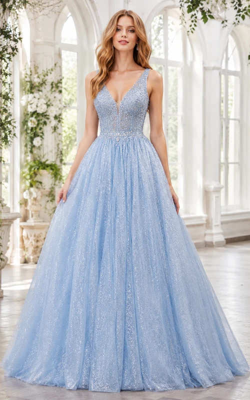 Himmelblaues, glitzerndes Tüll-Ballkleid mit V-Ausschnitt und tiefem V-Ausschnitt am Rücken