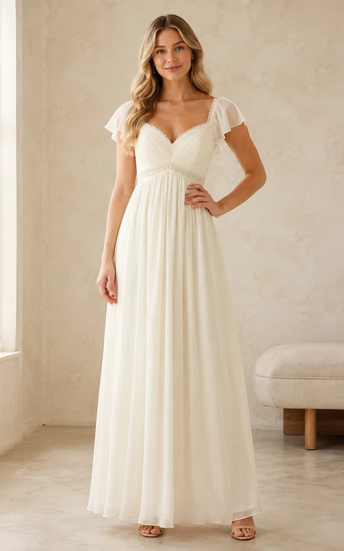 Vestido de dama de honor formal romántico de gasa plisada con escote en V y mangas con volantes, corte imperio y largo hasta el suelo.