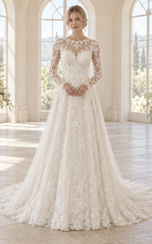 Robe de mariée modeste en tulle à manches longues illusion, décolleté cœur et empiècements floraux, style cœur.