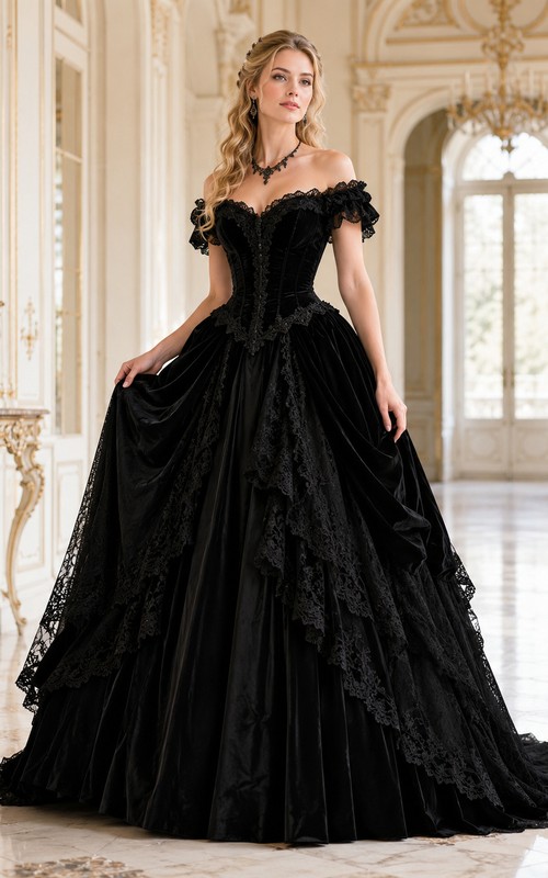 Black Victorian Off-Shoulder Lace Ball Gown Cathedral Train Dress
