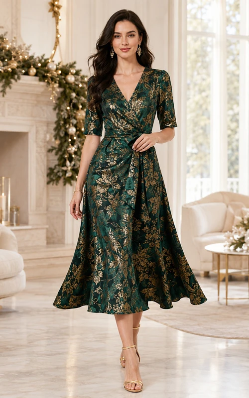 Vestido de fiesta verde oscuro con escote en V y manga corta, estilo jacquard dorado.