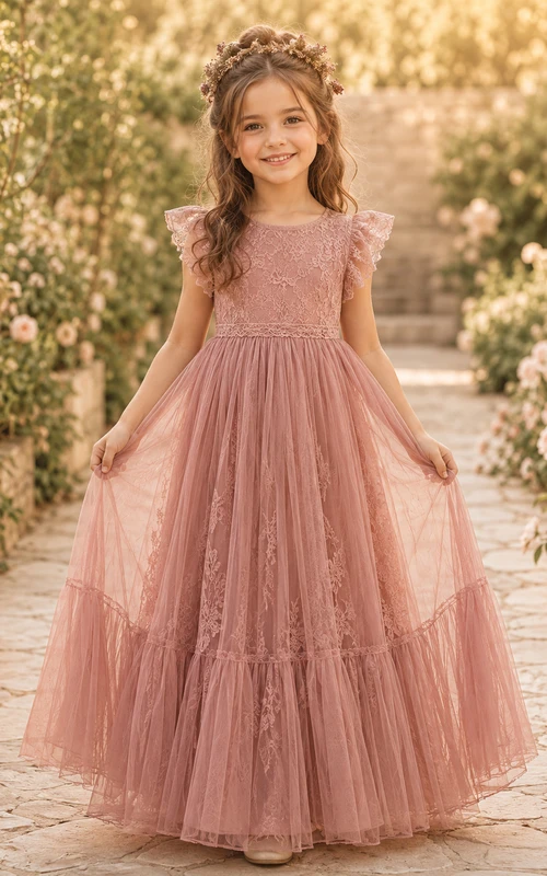 Robe de demoiselle d'honneur en dentelle rose poudré et tulle, coupe trapèze, manches courtes, col rond, jupe longue à volants