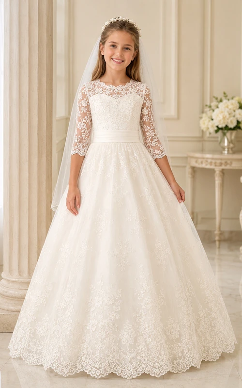 Robe de première communion de luxe à col montant et manches trois-quarts en dentelle