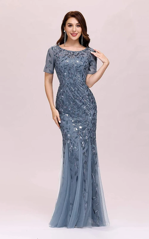 Robe sirène vintage à manches courtes, longue jusqu'au sol, en tulle et sequins, avec plis et plis