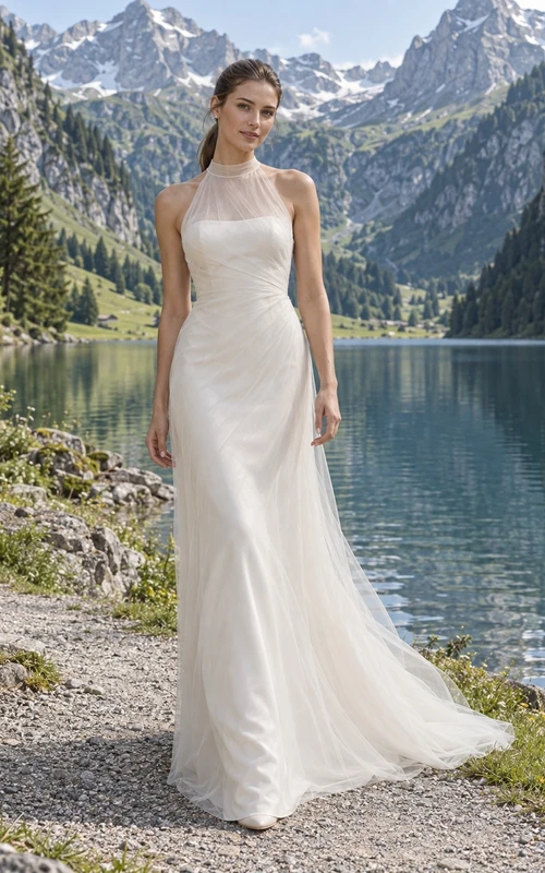 Vestido de novia sencillo de cuello alto, tul y satén, sin mangas, corte en A, espalda con efecto ilusión, largo hasta el suelo.