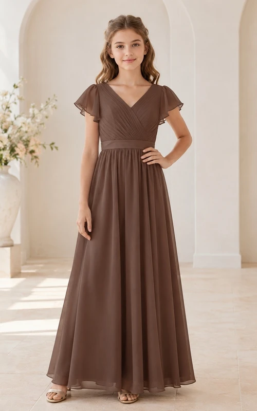 Vestido de dama de honor juvenil color topo, corte en A, escote en V, manga corta, fruncido, elegante.