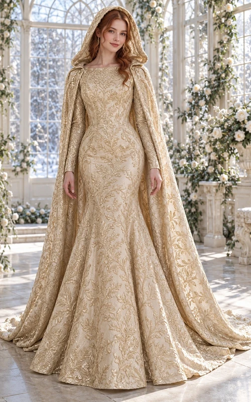 Vestido de invierno tipo capa con capucha y mangas largas de brocado dorado.