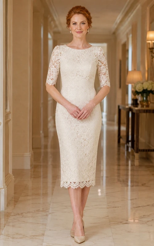 Modest Bateau Three-Quarter Sleeve Lace Sheath Tea-Length Civil Wedding Dress