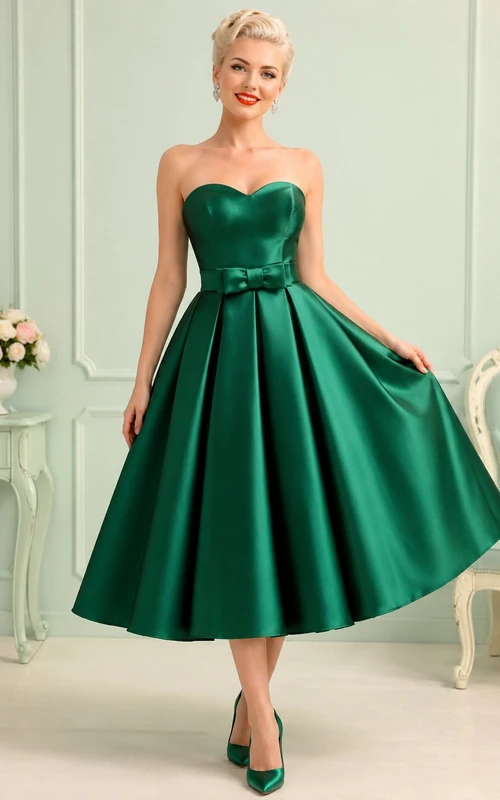 Vestido de gala de satén esmeralda sin tirantes con escote corazón y largo hasta la rodilla