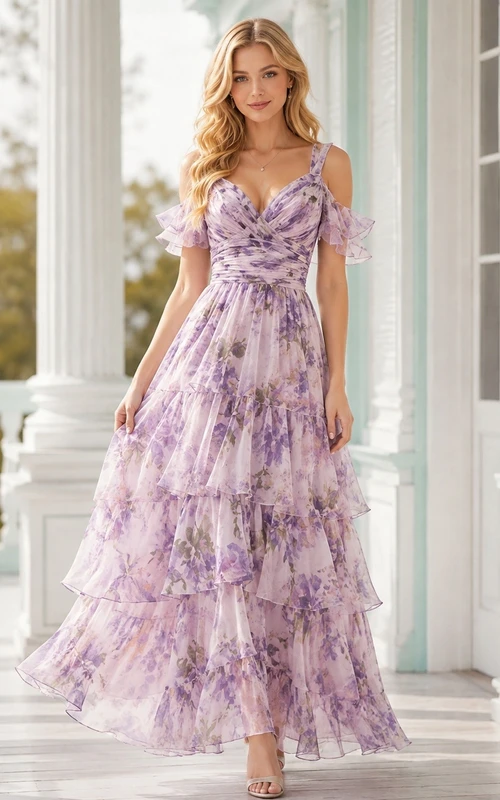 Vestido formal largo hasta el suelo, de gasa y encaje con estampado floral lavanda y mangas cortas.