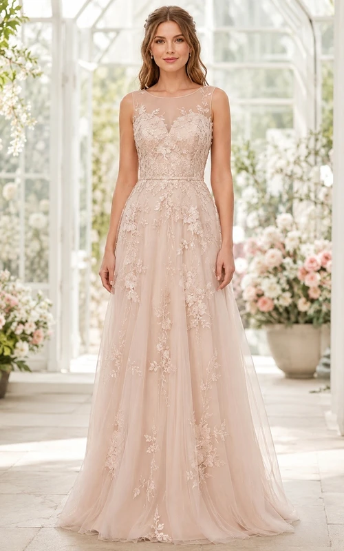 Petal Pink Sleeveless V-Neck Floor-Length Lace A-Line Bridesmaid Dress