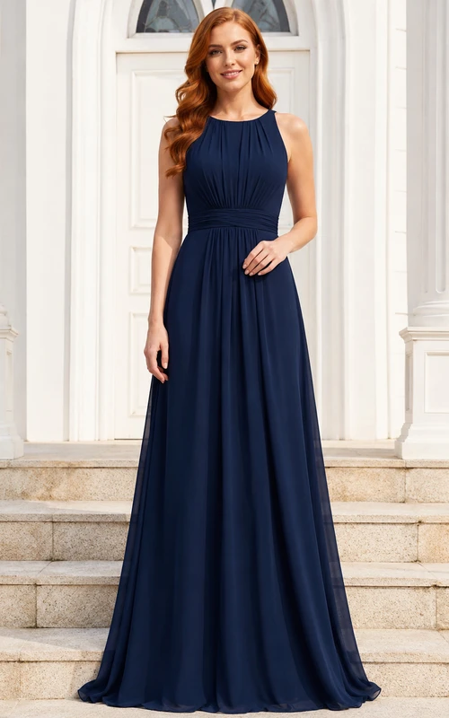 Church Ceremony Formal Dark Navy Simple Elegant A-Line Chiffon Bridesmaid Dress with Halter High Neck Sleeveless Floor-Length Pleated Open Back