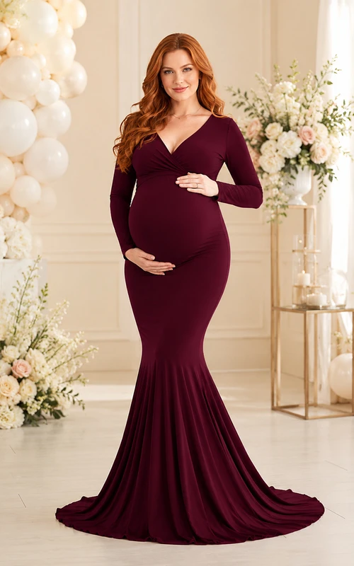 Burgundy Maternity V-Neck Long Sleeve Mermaid Sweep Train Evening Dress