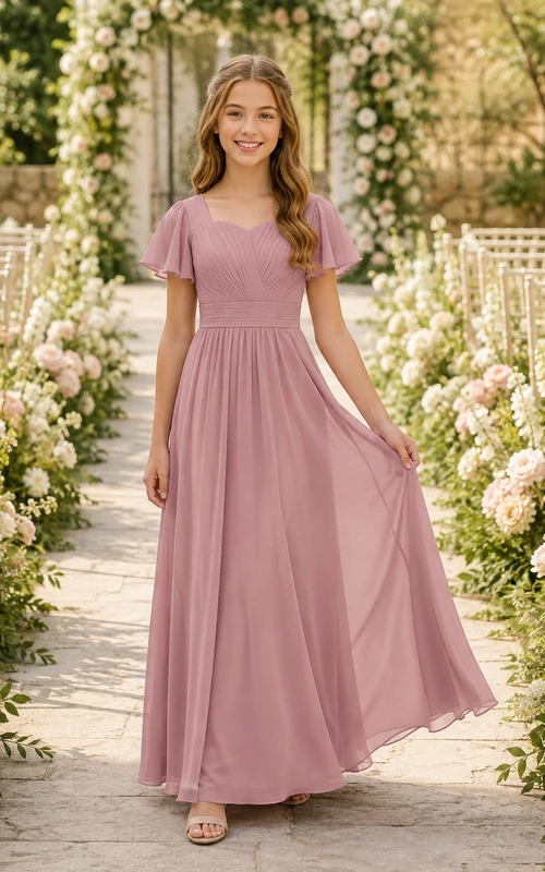 Elegantes Brautjungfernkleid in Altrosa, A-Linie, herzförmiger Schnitt, kurze Ärmel, aus Chiffon in Blütenblattform