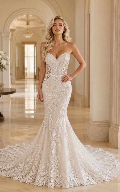 Robe de mariée sirène bustier en dentelle sans couture avec traîne cathédrale et applications florales pour la réception