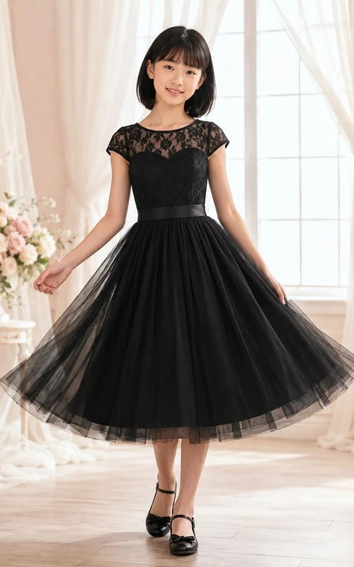 Schwarzes, knielanges Brautjungfernkleid im A-Linien-Schnitt mit kurzen Ärmeln und Strassbesatz, romantisch