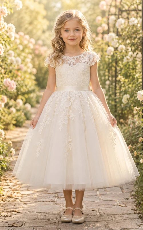 Flower Girl Dress Champagne Lace Tulle A-Line Cap Sleeve Jewel Neck Tea Length