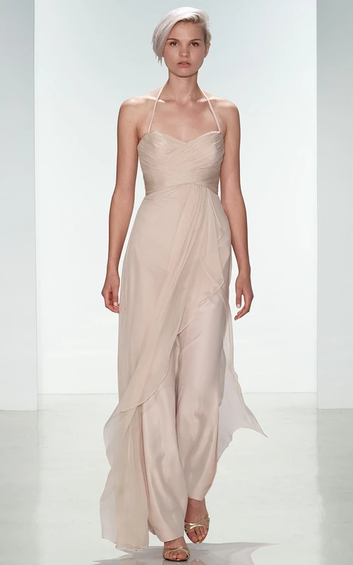 Knöchellanges, ärmelloses Chiffon-Brautjungfernkleid mit gekreuzten Spaghettiträgern