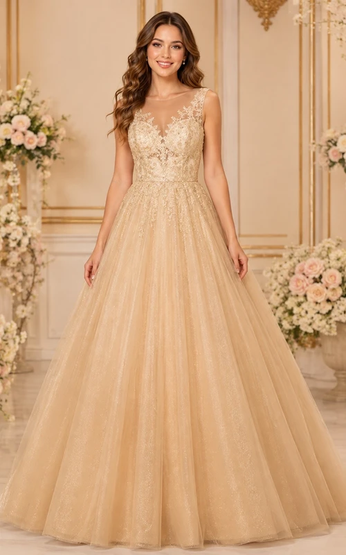 Vestido de quinceañera formal de corte A, sin mangas, con escote en V y encaje color champán