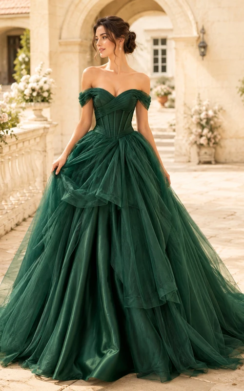 Robe de mariée de bal en tulle vert foncé à épaules dénudées et corset à volants