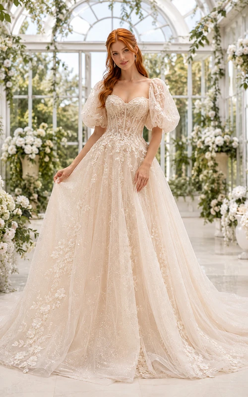 Lace Tulle Wedding Dress A-Line Scoop Neck Short Sleeve Chapel Train Bridal Gown
