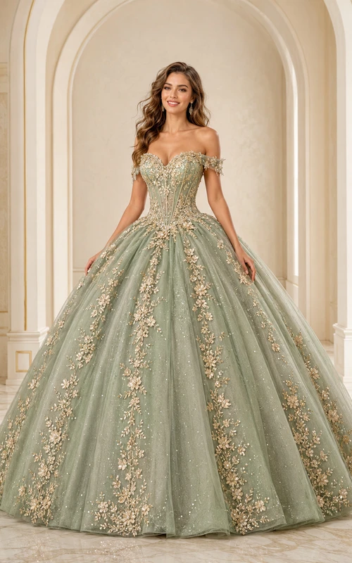Vestido de princesa de quinceañera de tul bordado con escote corazón y hombros descubiertos, color champán salvia, de lujo.