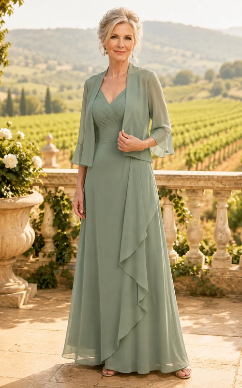 Salbeigrünes Chiffon-Kleid in A-Linie mit Jacke und Rüschenrock