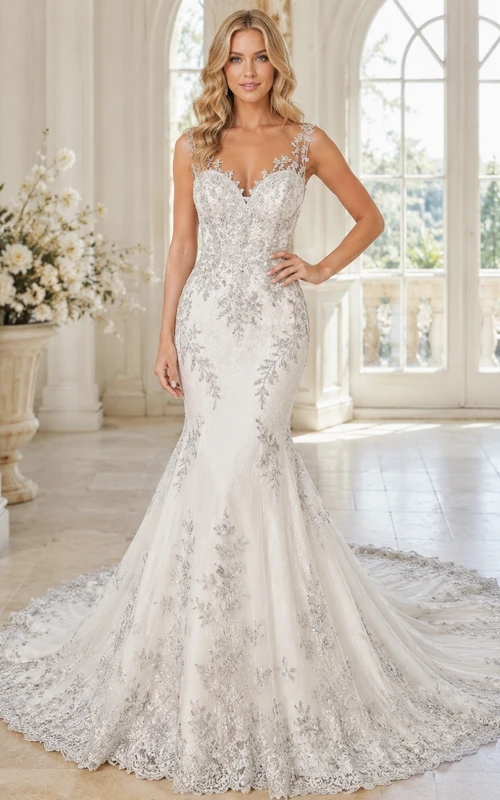 Robe de mariée sirène en dentelle grise, décolleté en V, bretelles, sans manches, longue jusqu'au sol, élégante traîne.